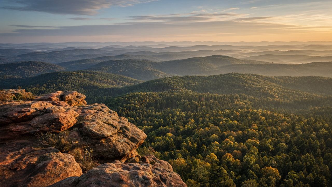 Wanderer auf Sandsteinplatte mit Blick über den Pfälzerwald bei Abendlicht