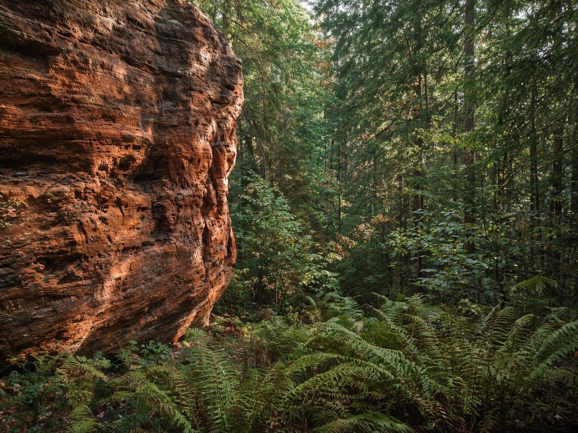 Asymmetrische Sandsteinwände und Kiefernwald im Pfälzerwald