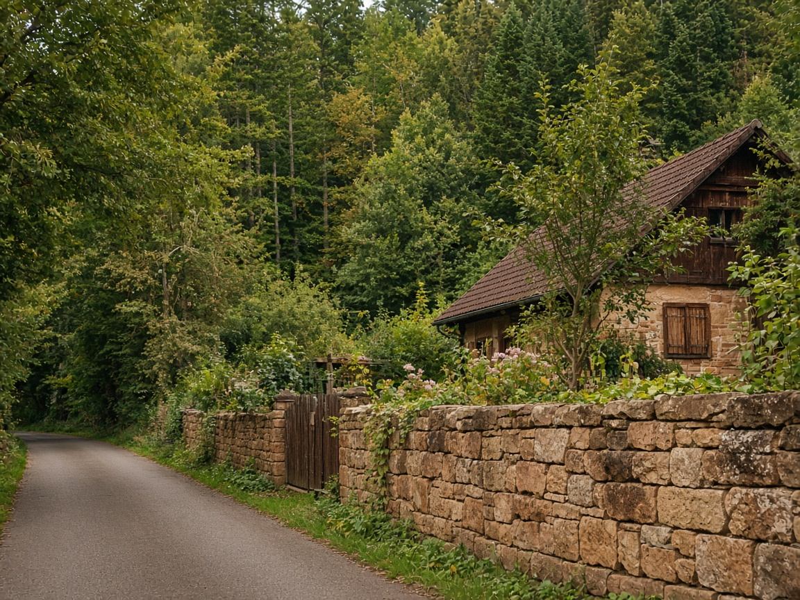 Kleine Ortschaft am Waldrand mit roten Sandsteinfelsen im Hintergrund