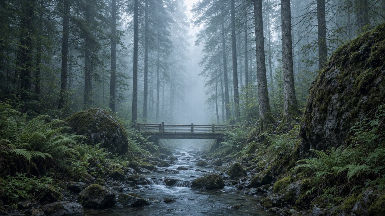 Dichtes Kieferndach und feuchtes Tal mit Farnen im Pfälzerwald